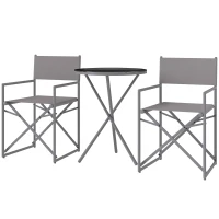 Outsunny Conjunto de Móveis de Jardim de 3 Peças com 2 Cadeiras Dobráveis Mesa com Bancada em Vidro Temperado Cinza Escuro(m-11)