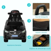 HOMCOM Coche Correpasillos para Niños de 18-36 Meses con Faros Música Bocina Volante Espacio de Almacenaje y Asa Negro(m-7)