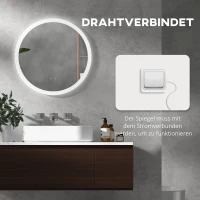 kleankin LED Badspiegel, einstellbare Helligkeit, Entnebelung, Touch, IP44, Metall/Glas, Ø60 cm, Weiß/Silber(m-8)