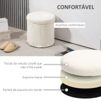 HOMCOM Puff de Arrumação Baú de Arrumação Redondo Estofado em Veludo Cotelê  Tampa Removível Ø40x41 cm Creme(m-5)