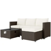 Outsunny Five Piece Rattan Garden Furniture Set with Gas Fire Pit Table and Footstool - Brown and Cream White(m-11)