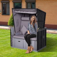 Outsunny Corbeille de plage 2 places pliable - Cabine chaise de plage inclinable - abri plage strandkorb - coussins, repose-pieds, tablettes, pare-soleil - bois résine tressée polyester gris(m-8)