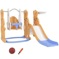 AIYAPLAY Escorrega Infantil 4 em 1 Baloiço e Escorrega Escalador Tabela de Basquetebol Temática de Coelho 147,5x160x107 cm Laranja(m-10)