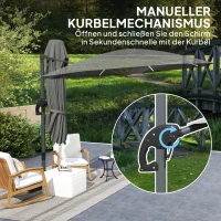 Outsunny Aluminiowy Parasol Ogrodowy LED Solar Ø300 cm Regulowana Wysokość z Korbką UV50+ Ciemnoszary(m-8)