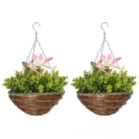 Outsunny Pack of 2 Artificial Clematis Flowers Hanging Planter Basket for Indoor Outdoor Decoration(m-1)