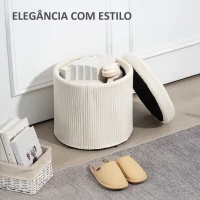 HOMCOM Puff de Arrumação Baú de Arrumação Redondo Estofado em Veludo Cotelê  Tampa Removível Ø40x41 cm Creme(m-4)