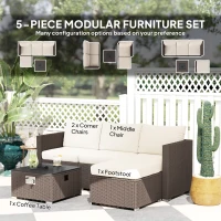 Outsunny Five Piece Rattan Garden Furniture Set with Gas Fire Pit Table and Footstool - Brown and Cream White(m-4)