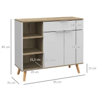HOMCOM Aparador de Cocina con 1 Cajón 2 Puertas de Cierre Suave y Estantes Ajustables para Comedor 95x35x85 cm Blanco y Natural(m-3)
