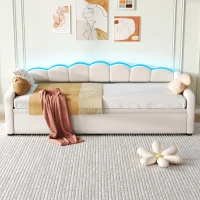 Petal Shape Sofa Bed with RGB LED Lighting, Velvet Upholstered Daybed with Trundle, 202L x 187.5W x 80H cm, Beige(m-8)