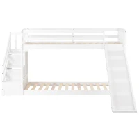 Bunk Bed with Stairs and Slide, Solid Pine Wood Frame, Children's Bed with Storage Drawers, Modern and Sturdy Design, 233L x 223W x 125H cm, White(m-2)