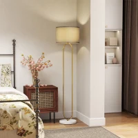 HOMCOM Lampada da Terra Moderna con Paralume in Tessuto, Doppio Tubo Metallico e Interruttore a Pedale, Oro(m-2)