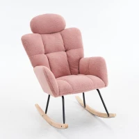 Upholstered Tufted Teddy Fabric Rocking Chair with Headrest and Backrest, Wooden Frame, Painted Metal Base, 102L x 70W x 105H cm, Pink(m-10)