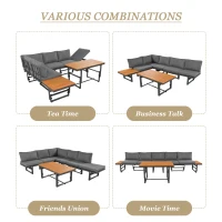 Outdoor Garden Furniture Set with 2 Sofas, Adjustable Wood Table, Galvanised Iron Frame, Cushions and Pillows, 250L x 186W x 76H cm, Grey(m-7)