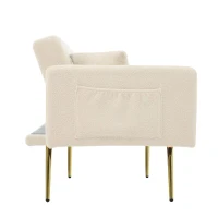 Sherpa Convertible Sofa Bed with 2 Side Pockets, Adjustable Backrest, Gold Legs, Elegant Loveseat for Bedroom, 176L x 64W x 75H cm, Beige(m-15)