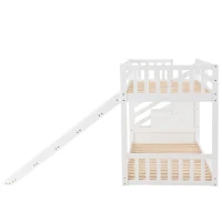 Bunk Bed with Stairs and Slide, Solid Pine Wood Frame, Children's Bed with Storage Drawers, Modern and Sturdy Design, 233L x 223W x 125H cm, White(m-13)