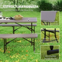 Outsunny Conjunto de Camping Plegable de Mesa y Bancos Imitación Madera para Exterior 180x74x74 cm y 182x28x42 cm Marrón(m-5)