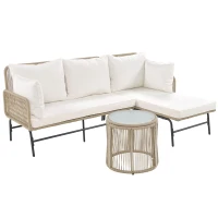 Hand-Woven Garden Lounge Sofa Set with 2 Armchairs, 2 Two-Seater Sofas, 2 Round Tables, Ideal for Patio, Terrace, 187L x 124W x 78H cm, Beige(m-14)