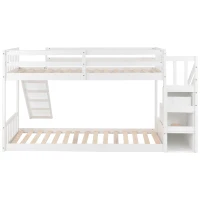 Bunk Bed with Stairs and Slide, Solid Pine Wood Frame, Children's Bed with Storage Drawers, Modern and Sturdy Design, 233L x 223W x 125H cm, White(m-14)