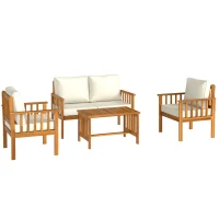 Outsunny Four-Piece Acacia Wood Garden Sofa Set - Teak/Cream(m-1)