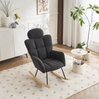 Ergonomic Teddy Fabric Rocking Chair with Tufted Seat, Headrest and Backrest, Painted Metal Base, 102L x 70W x 105H cm, Dark Grey(m-4)