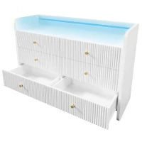 Fluted 6-Drawer Sideboard with RGB LED Lighting, Modern Storage Cabinet for Living Room, Bedroom, Dining Room, Office, 120L x 40W x 75H cm, White(m-12)