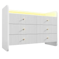 Fluted 6-Drawer Sideboard with RGB LED Lighting, Modern Storage Cabinet for Living Room, Bedroom, Dining Room, Office, 120L x 40W x 75H cm, White(m-13)
