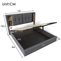 Upholstered Double Bed with Wireless Charging and Hydraulic Storage, Linen Fabric King Size Bed Frame, 206L x 155W x 100.5H cm, Grey(m-3)