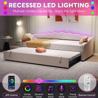 Petal Shape Sofa Bed with RGB LED Lighting, Velvet Upholstered Daybed with Trundle, 202L x 187.5W x 80H cm, Beige(m-5)