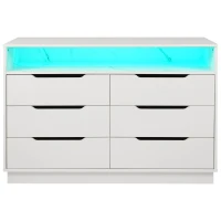 Marbled 6-Drawer Sideboard with RGB LED Lighting, Modern Storage Cabinet for Living Room or Home Office, 120L x 40W x 85H cm, White(m-12)