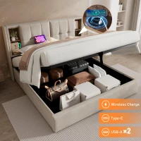 Upholstered Double Bed with Wireless Charging, Hydraulic Storage and Linen Fabric, 206L x 155W x 100.5H cm, Natural(m-4)
