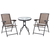 Outsunny 3 Piece Outdoor Bistro Set, Patio Conversation Furniture Set with 2 Folding Backrest Adjustable Armchairs and Glass Top Coffee Table, Brown