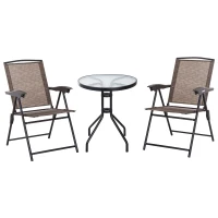 Outsunny 3 Piece Outdoor Bistro Set, Patio Conversation Furniture Set with 2 Folding Backrest Adjustable Armchairs and Glass Top Coffee Table, Brown(m-1)