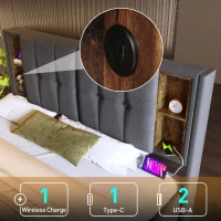 Upholstered Super King Size Bed Frame with Wireless Charging, Hydraulic Storage, 206L x 185W x 100.5H cm, Grey(m-6)