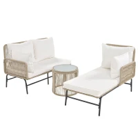 Hand-Woven Garden Lounge Sofa Set with 2 Armchairs, 2 Two-Seater Sofas, 2 Round Tables, Ideal for Patio, Terrace, 187L x 124W x 78H cm, Beige(m-13)