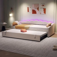 Petal Shape Sofa Bed with RGB LED Lighting, Velvet Upholstered Daybed with Trundle, 202L x 187.5W x 80H cm, Beige(m-10)