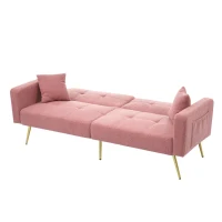 Convertible Sofa Bed with Adjustable Backrest, Gold Legs, Side Pockets, Sherpa Fabric Sleeper Sofa for Bedroom, 176L x 64W x 75H cm, Pink(m-13)