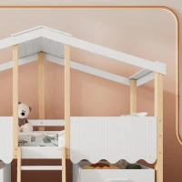 Children's Wooden Storage Bed with Safety Guardrail, Roof Design and Two Wheeled Storage Boxes, 196L x 98W x 158.5H cm, White+Natural(m-7)
