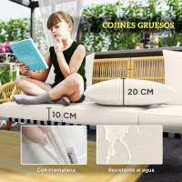 Outsunny Conjunto de Muebles de Exterior de 4 Piezas con Sofá Sillones y Mesa de Acacia con Cojines Gruesos y Ratán PE Natural(m-6)