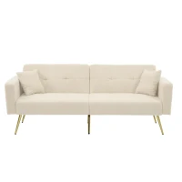 Sherpa Convertible Sofa Bed with 2 Side Pockets, Adjustable Backrest, Gold Legs, Elegant Loveseat for Bedroom, 176L x 64W x 75H cm, Beige(m-2)