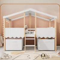 Children's Wooden Storage Bed with Safety Guardrail, Roof Design and Two Wheeled Storage Boxes, 196L x 98W x 158.5H cm, White+Natural(m-1)
