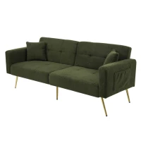 Convertible Sofa Bed with Adjustable Backrest, Gold Legs, Side Pockets, Sherpa Fabric Loveseat for Living Room, 176L x 64W x 75H cm, Green(m-15)