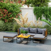 Outsunny Conjunto de Jardín Exterior con 2 Sofás de 2 Plazas Sofá de Esquina y Mesa de Centro de Madera con Cojines Gris y Teca(m-8)