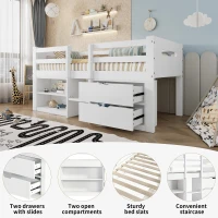 3ft Storage Bed with 2 Drawers and Compartments, Pine and Particle Board, for Children's Room - White(m-4)