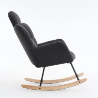 Ergonomic Teddy Fabric Rocking Chair with Tufted Seat, Headrest and Backrest, Painted Metal Base, 102L x 70W x 105H cm, Dark Grey(m-11)