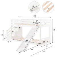 Bunk Bed with Stairs and Slide, Solid Pine Wood Frame, Children's Bed with Storage Drawers, Modern and Sturdy Design, 233L x 223W x 125H cm, White(m-3)