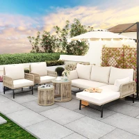Hand-Woven Garden Lounge Sofa Set with 2 Armchairs, 2 Two-Seater Sofas, 2 Round Tables, Ideal for Patio, Terrace, 187L x 124W x 78H cm, Beige(m-1)