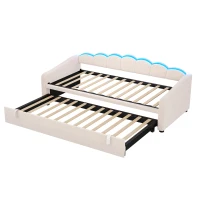 Petal Shape Sofa Bed with RGB LED Lighting, Velvet Upholstered Daybed with Trundle, 202L x 187.5W x 80H cm, Beige(m-14)