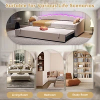 Petal Shape Sofa Bed with RGB LED Lighting, Velvet Upholstered Daybed with Trundle, 202L x 187.5W x 80H cm, Beige(m-7)