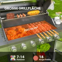 Outsunny Gasbarbecue 8500BTU Rolwagen met 6 RVS Branders, Thermometer, Drukregelaar, 141 x 55 x 110 cm Zilver(m-4)