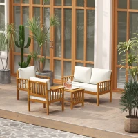 Outsunny Four-Piece Acacia Wood Garden Sofa Set - Teak/Cream(m-9)